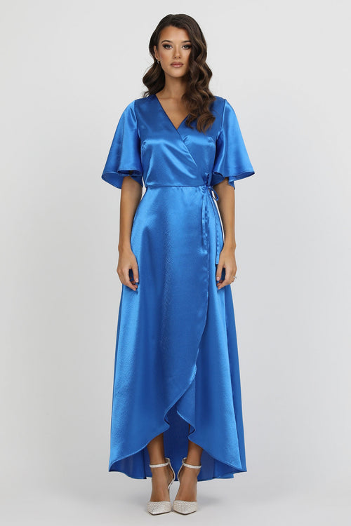 Blue Wrap Satin Dress With Flutter Sleeves Dsir Couture Blue Wrap Satin Dress With Flutter Sleeves Dsir Couture