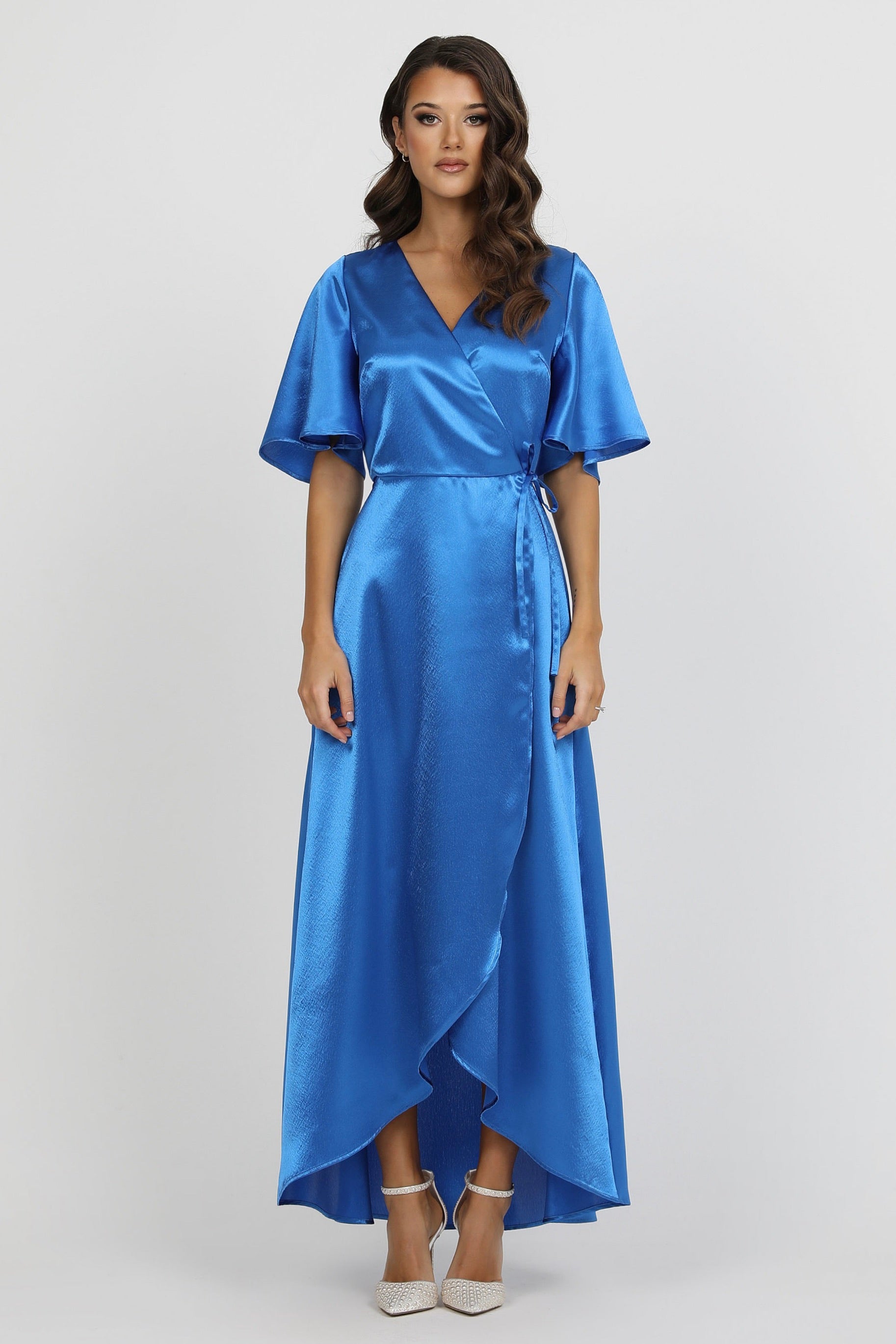 Blue Wrap Satin Dress With Flutter Sleeves – Désir Couture
