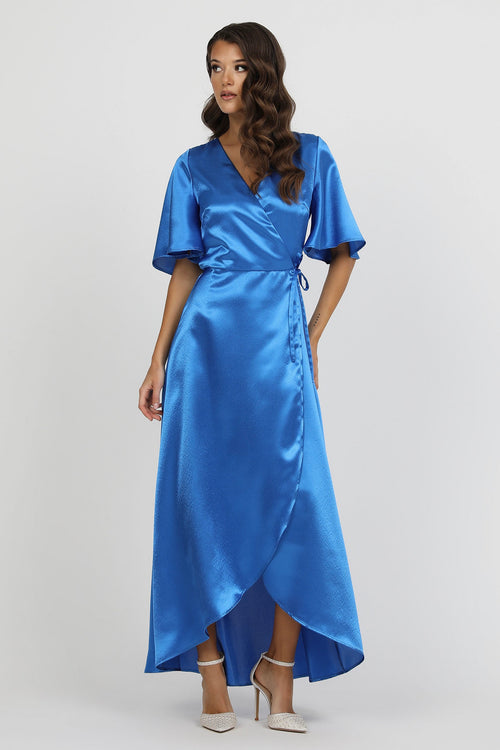 Blue Wrap Satin Dress With Flutter Sleeves Dsir Couture Blue Wrap Satin Dress With Flutter Sleeves Dsir Couture