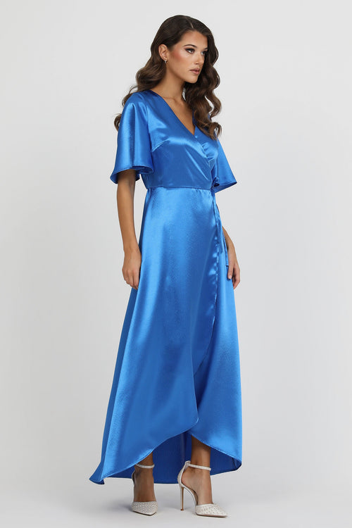 Blue Wrap Satin Dress With Flutter Sleeves Dsir Couture Blue Wrap Satin Dress With Flutter Sleeves Dsir Couture