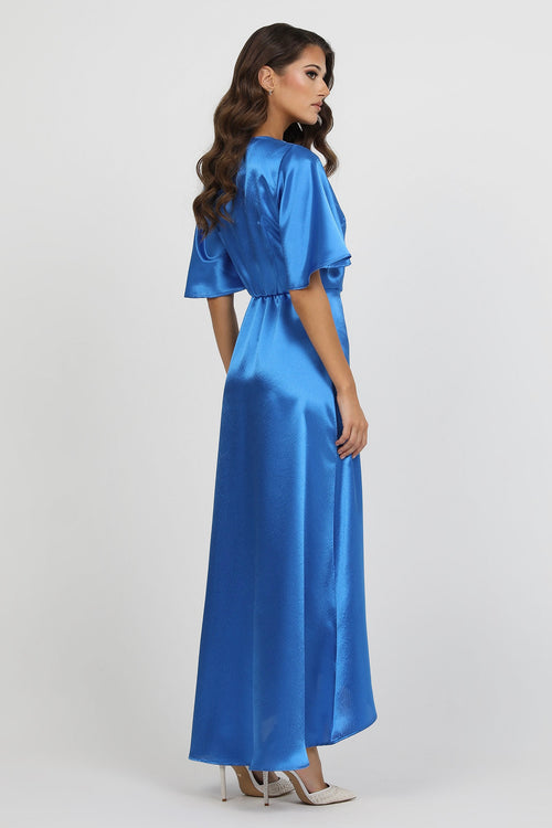 Blue Wrap Satin Dress With Flutter Sleeves Dsir Couture Blue Wrap Satin Dress With Flutter Sleeves Dsir Couture