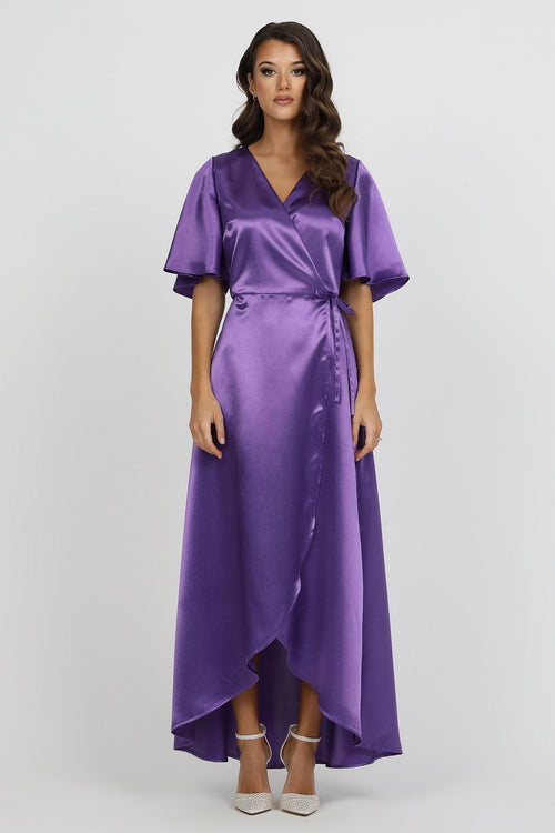 Purple Wrap Satin Dress With Flutter Sleeves – Désir Couture Purple Wrap Satin Dress With Flutter Sleeves – Désir Couture