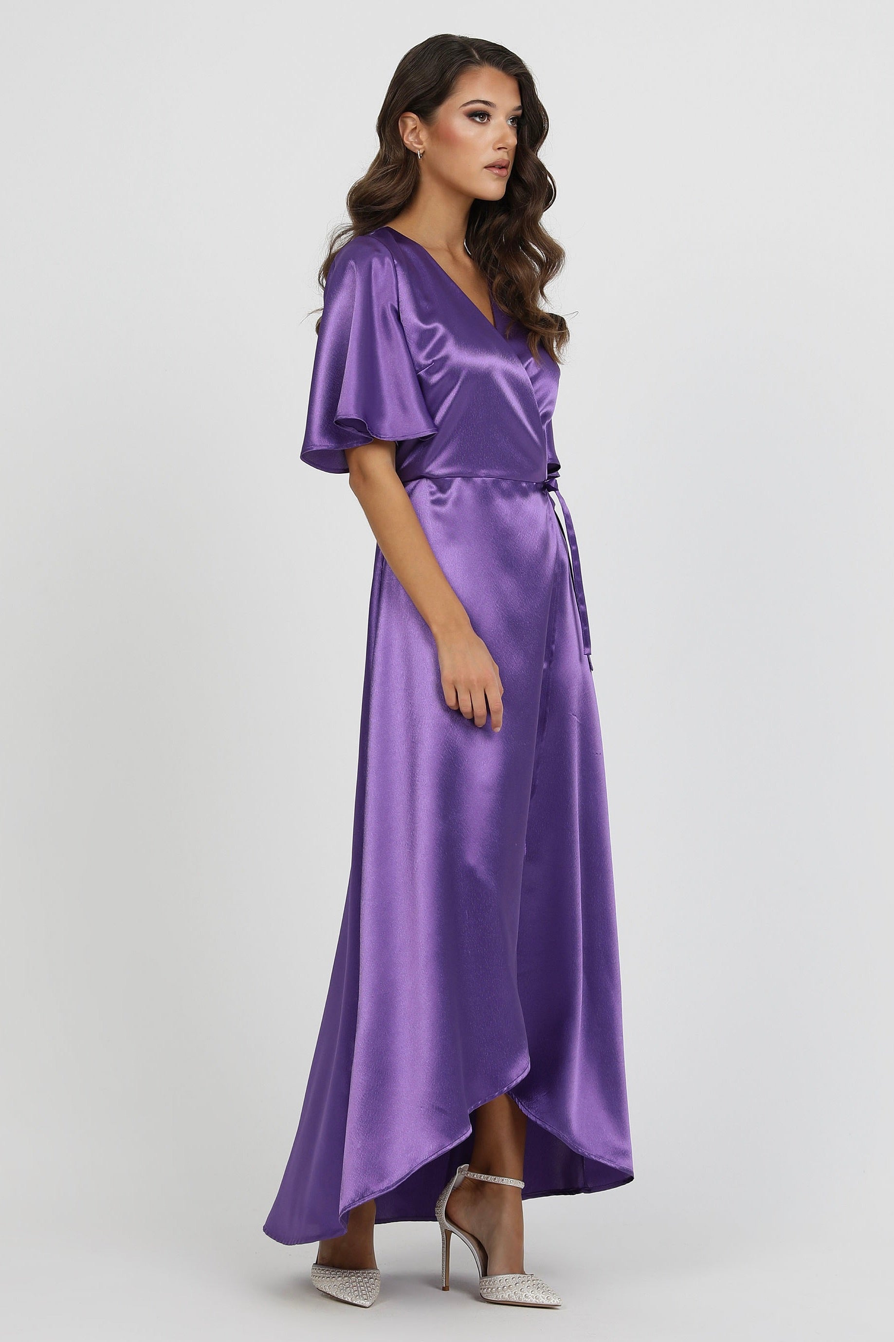 Purple Wrap Satin Dress With Flutter Sleeves – Désir Couture