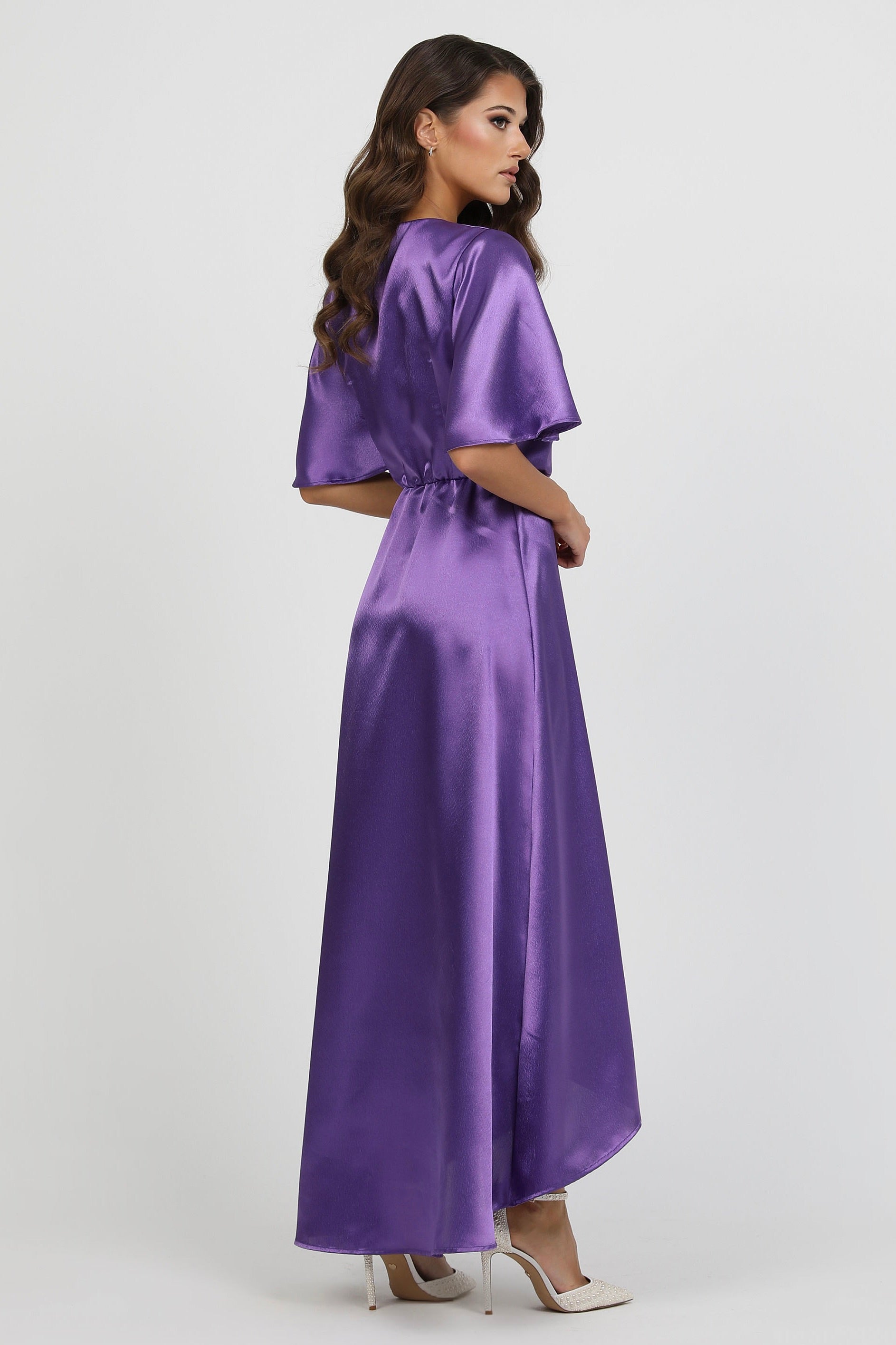 Purple Wrap Satin Dress With Flutter Sleeves – Désir Couture