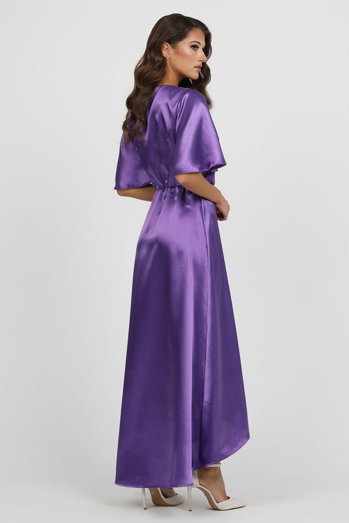 Purple Wrap Satin Dress With Flutter Sleeves Purple Wrap Satin Dress With Flutter Sleeves