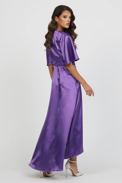 Purple Wrap Satin Dress With Flutter Sleeves Dsir Couture Purple Wrap Satin Dress With Flutter Sleeves Dsir Couture