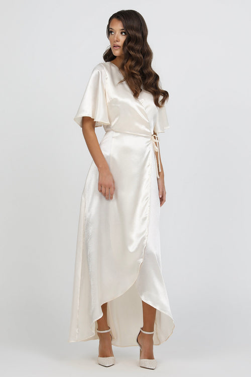 Ivory Wrap Satin Dress With Flutter Sleeves – Désir Couture Ivory Wrap Satin Dress With Flutter Sleeves – Désir Couture