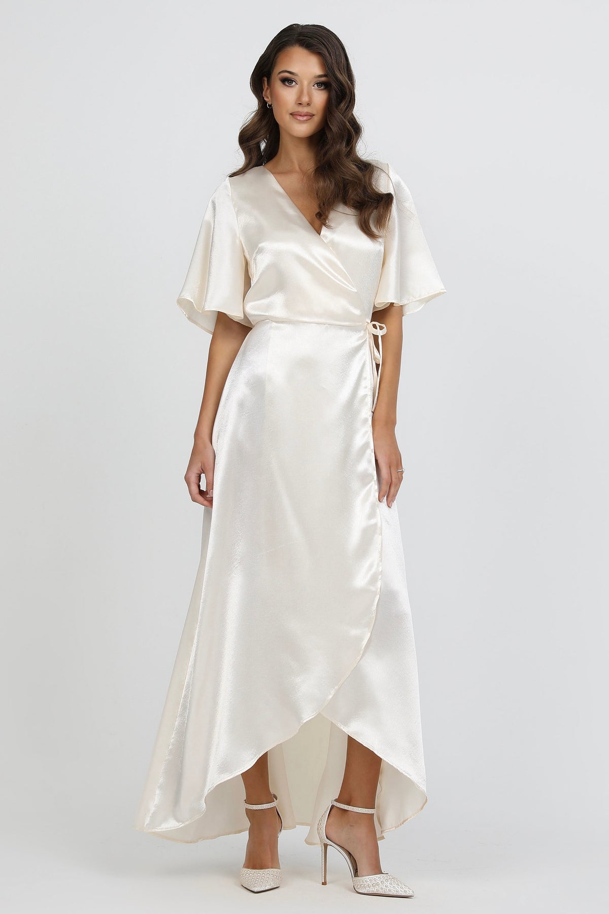satin ivory dress Wrap With Flutter Sleeves – Désir Couture september week 2 HARPER DENIM DRESS - Finish:Pale and undeniable allure.