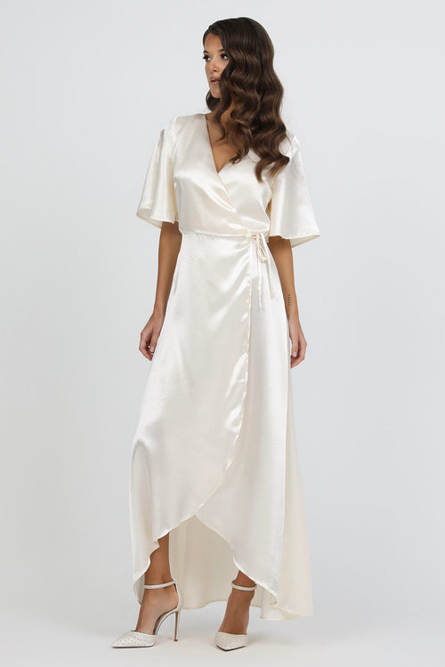 Ivory Wrap Satin Dress With Flutter Sleeves Dsir Couture Ivory Wrap Satin Dress With Flutter Sleeves Dsir Couture
