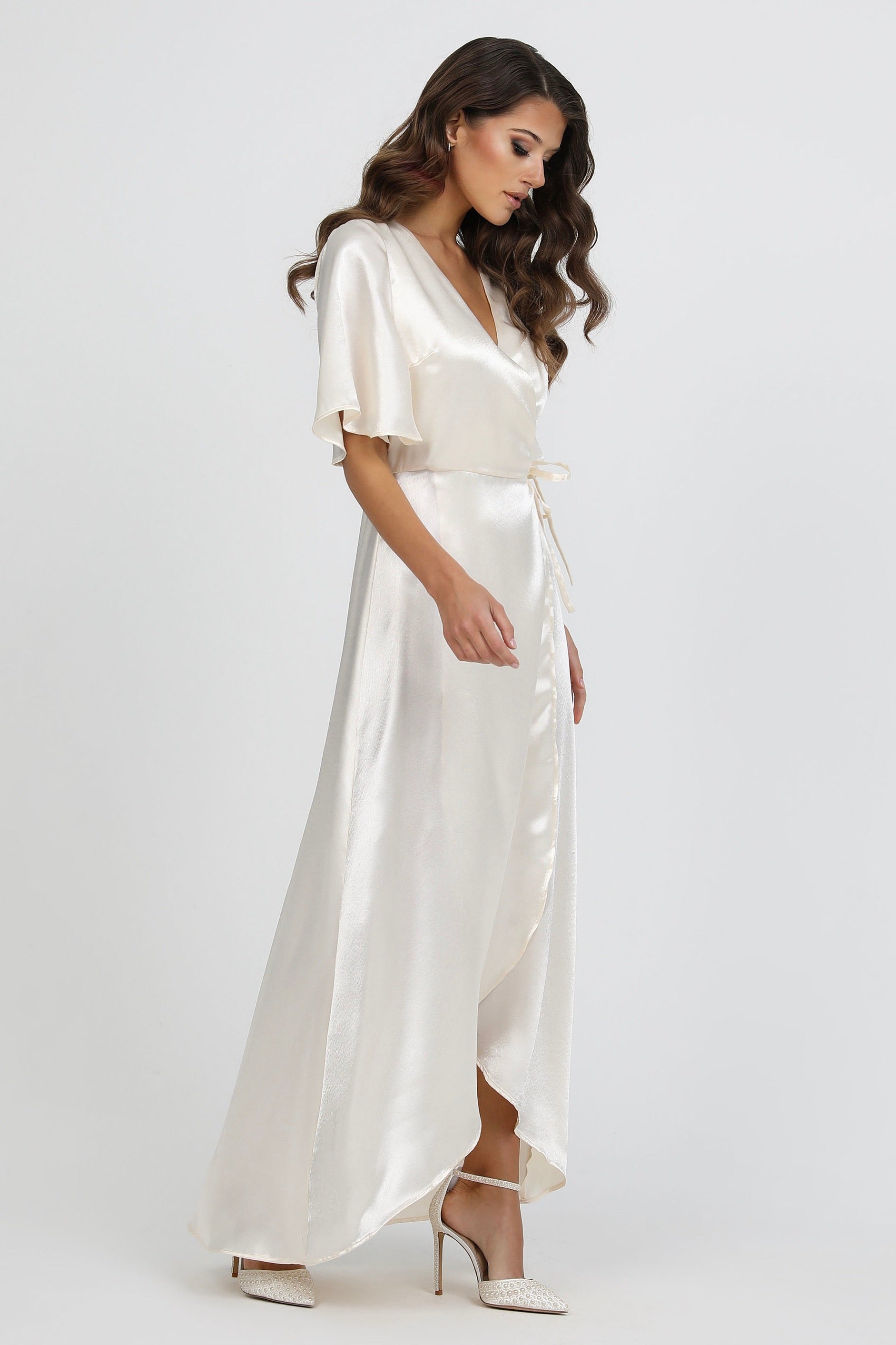 Ivory Wrap Satin Dress With Flutter Sleeves Dsir Couture Ivory Wrap Satin Dress With Flutter Sleeves Dsir Couture