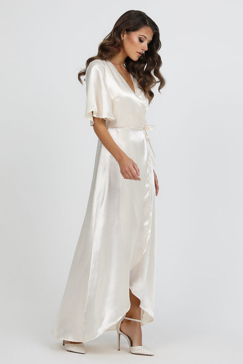 Ivory Wrap Satin Dress With Flutter Sleeves Dsir Couture Ivory Wrap Satin Dress With Flutter Sleeves Dsir Couture