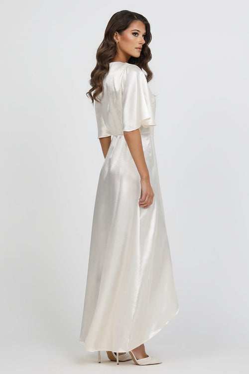 Ivory Wrap Satin Dress With Flutter Sleeves Dsir Couture Ivory Wrap Satin Dress With Flutter Sleeves Dsir Couture