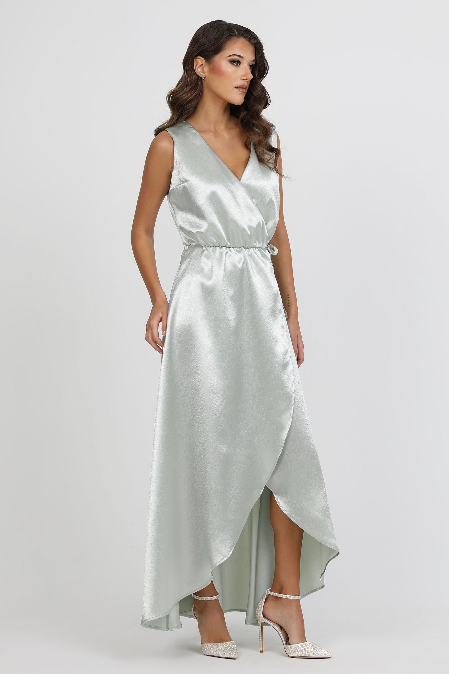 Light Sage Green Wrap Satin Sleeveless Dress – Désir Couture