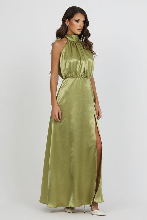 Olive Green Bow Back Halter Neck Dress Olive Green Bow Back Halter Neck Dress