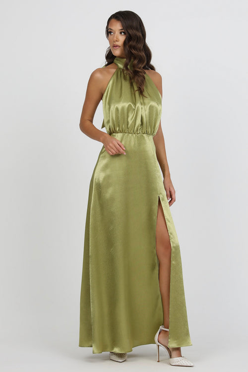 Olive Green Bow Back Halter Neck Dress Olive Green Bow Back Halter Neck Dress