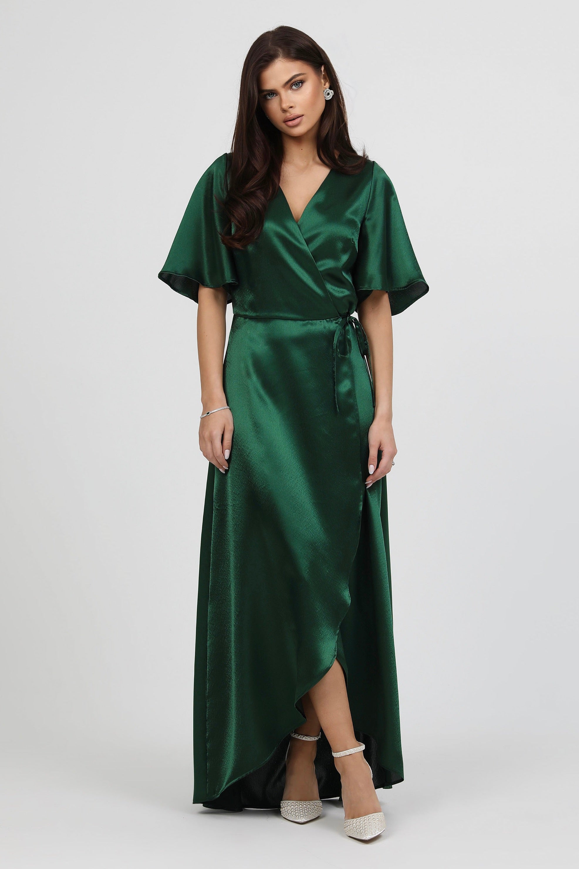Dark Green Wrap Satin Dress With Flutter Sleeves Dark Green Wrap Satin Dress With Flutter Sleeves