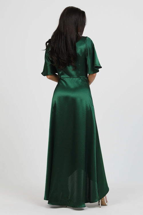 Dark Green Wrap Satin Dress With Flutter Sleeves Dark Green Wrap Satin Dress With Flutter Sleeves