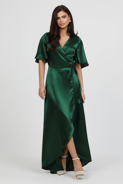 Dark Green Wrap Satin Dress With Flutter Sleeves
