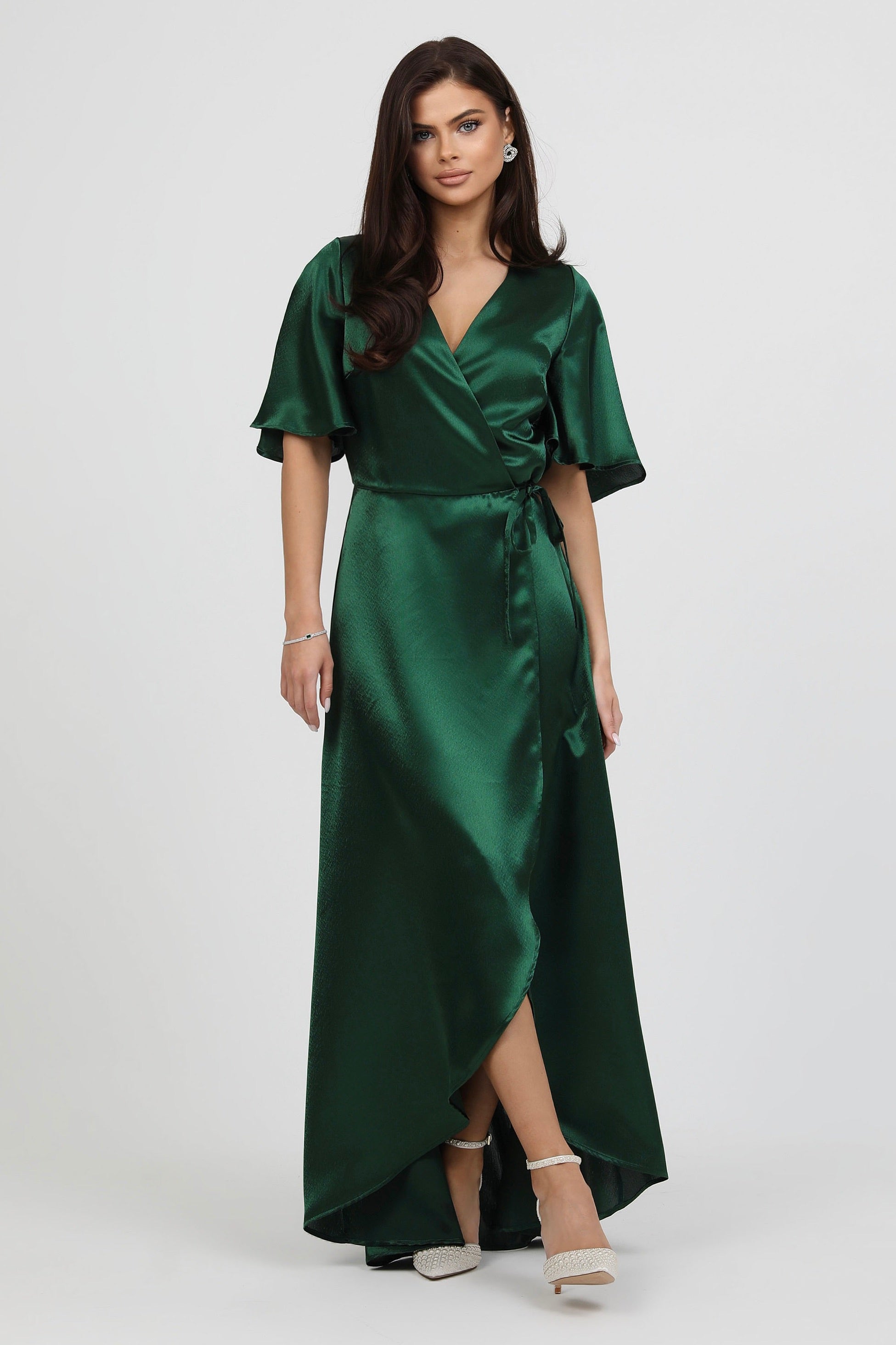 Dark Green Wrap Satin Dress With Flutter Sleeves