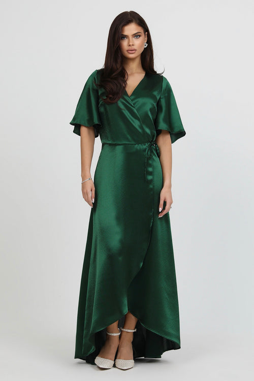 Dark Green Wrap Satin Dress With Flutter Sleeves Dsir Couture Dark Green Wrap Satin Dress With Flutter Sleeves Dsir Couture