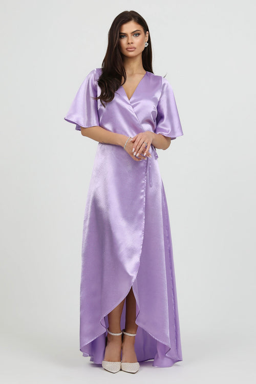Lilac Wrap Satin Dress With Flutter Sleeves Dsir Couture Lilac Wrap Satin Dress With Flutter Sleeves Dsir Couture