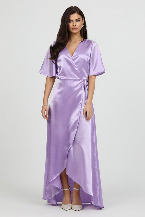 Lilac Wrap Satin Dress With Flutter Sleeves – Désir Couture
