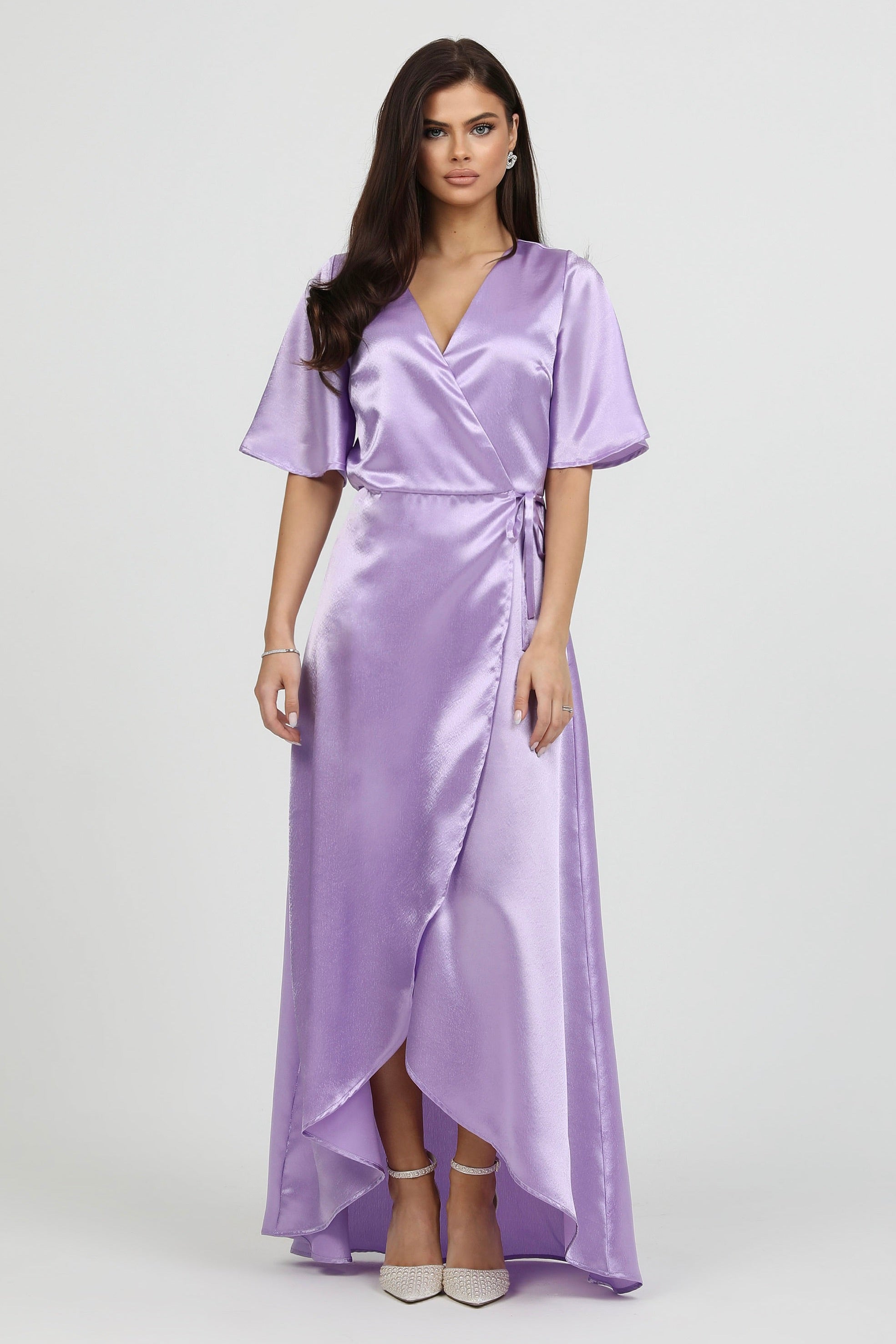 open lace back dress Lilac Wrap Satin Dress With Flutter Sleeves – Désir Couture