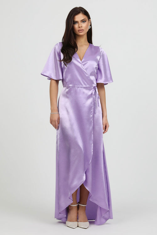 light purple satin dress Lilac Wrap Satin Dress With Flutter Sleeves – Désir Couture