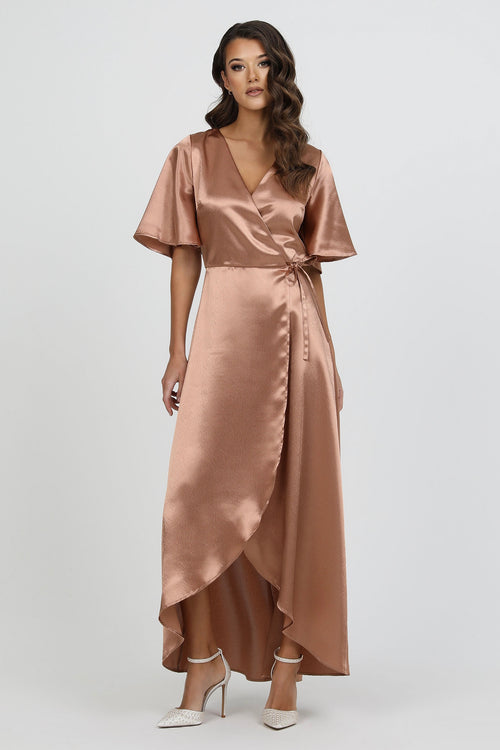 Cappuccino Wrap Satin Dress With Flutter Sleeves Dsir Couture Cappuccino Wrap Satin Dress With Flutter Sleeves Dsir Couture