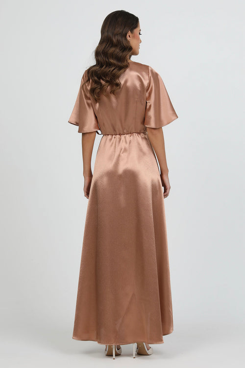 Cappuccino Wrap Satin Dress With Flutter Sleeves – Désir Couture