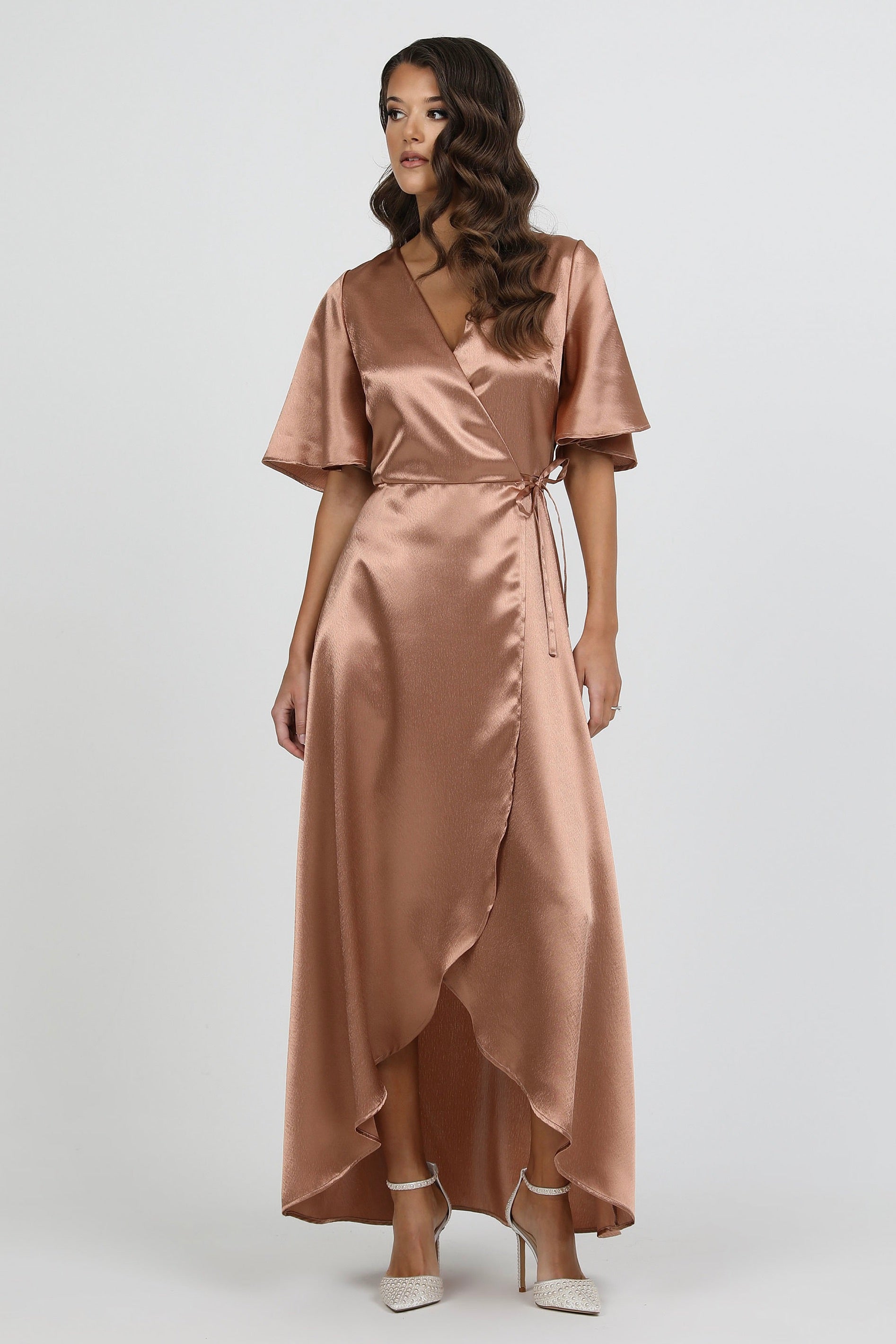 Cappuccino Wrap Satin Dress With Flutter Sleeves