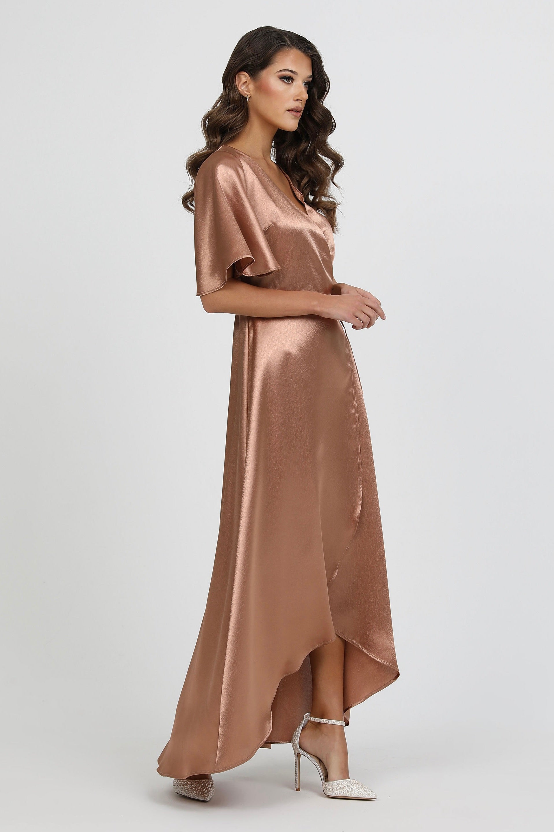Cappuccino Wrap Satin Dress With Flutter Sleeves – Désir Couture