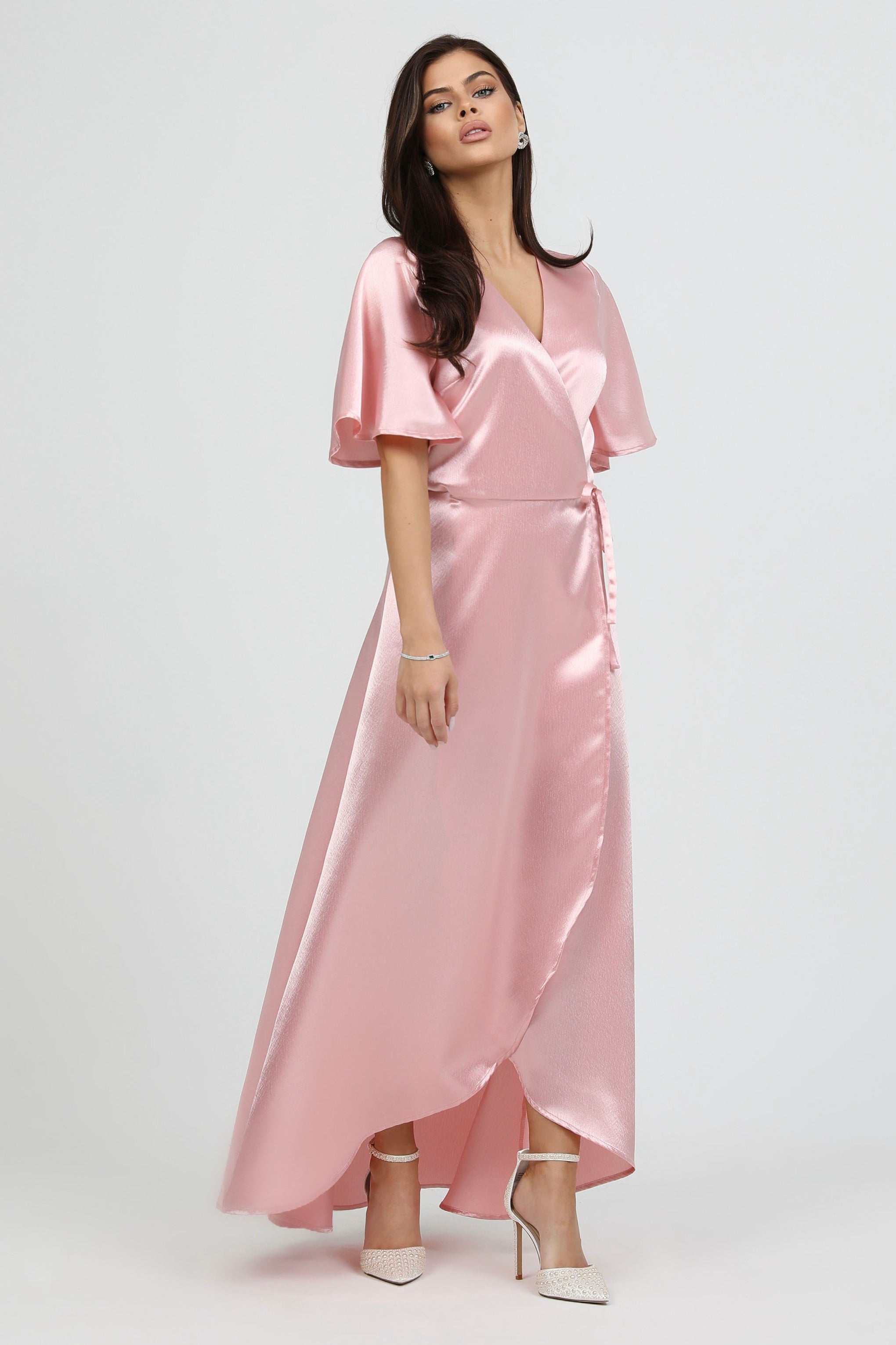 Light Pink Wrap Satin Dress With Flutter Sleeves – Désir Couture
