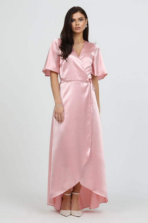 Light Pink Wrap Satin Dress With Flutter Sleeves Dsir Couture Light Pink Wrap Satin Dress With Flutter Sleeves Dsir Couture
