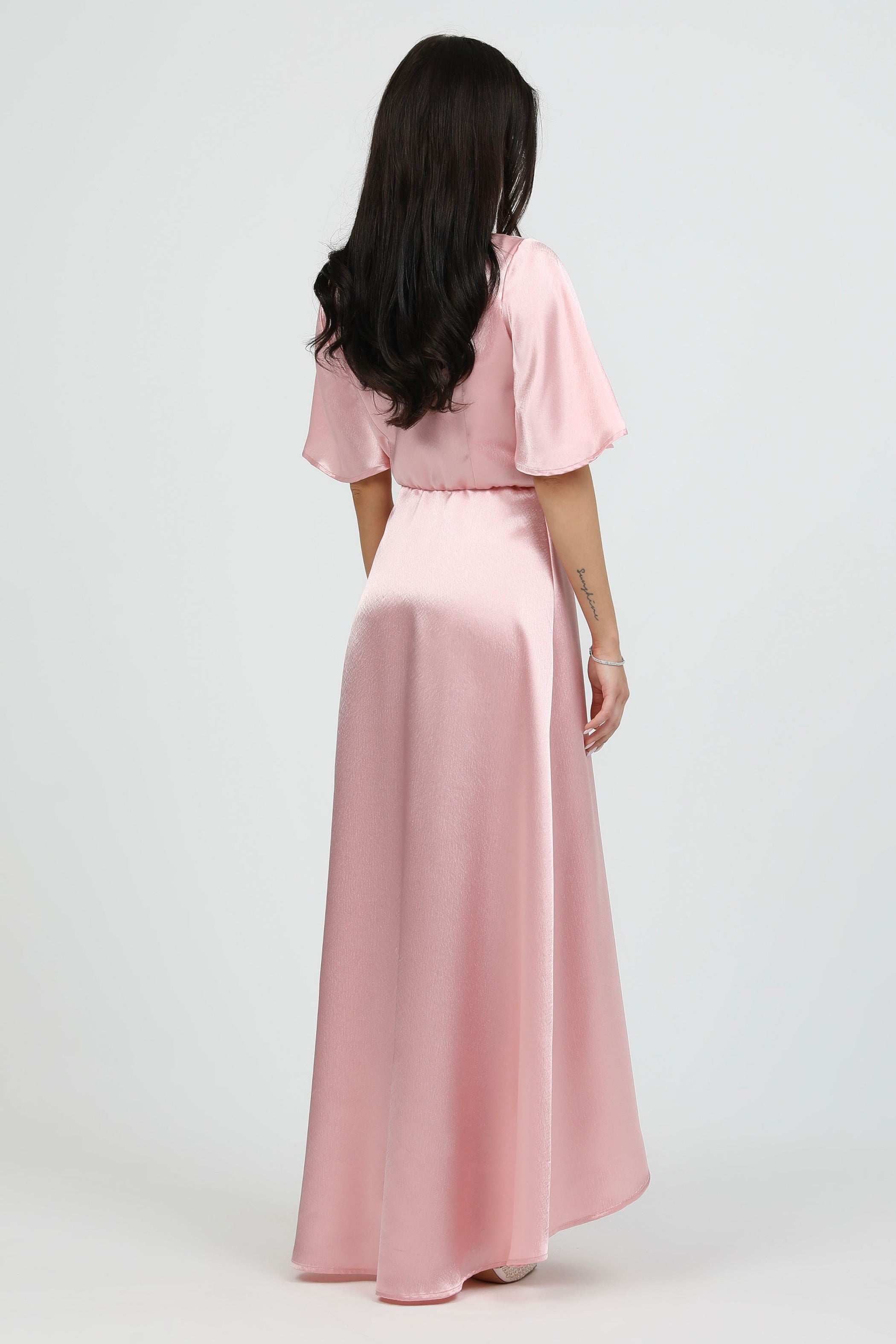 Light Pink Wrap Satin Dress With Flutter Sleeves – Désir Couture