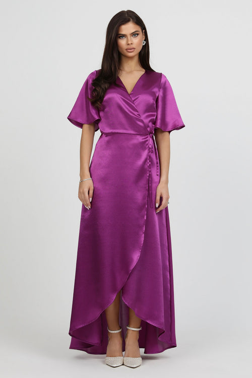 Cyclamen Purple Wrap Satin Dress With Flutter Sleeves – Désir Couture Cyclamen Purple Wrap Satin Dress With Flutter Sleeves – Désir Couture