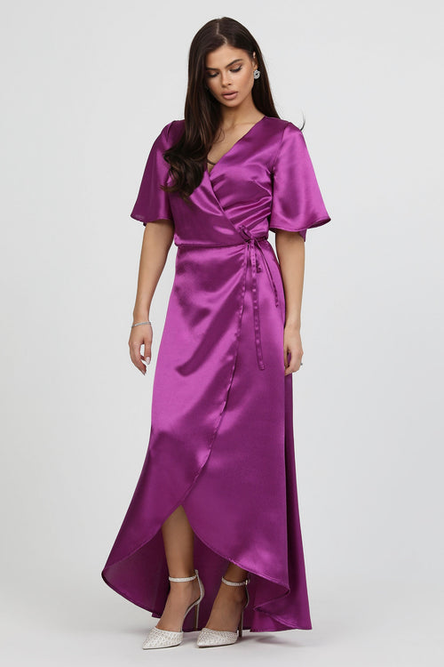 Cyclamen Purple Wrap Satin Dress With Flutter Sleeves – Désir Couture Cyclamen Purple Wrap Satin Dress With Flutter Sleeves – Désir Couture