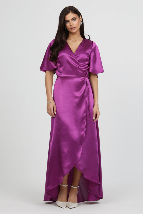 silk purple dress Cyclamen Purple Wrap Satin Dress With Flutter Sleeves – Désir Couture