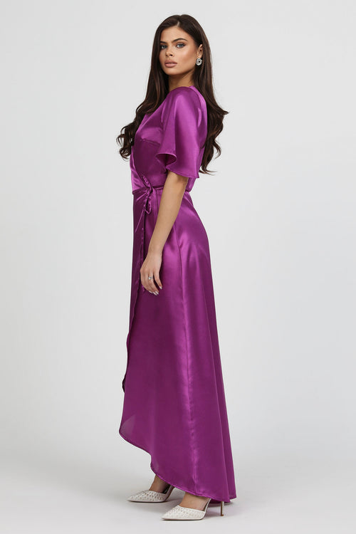 Cyclamen Purple Wrap Satin Dress With Flutter Sleeves Dsir Couture Cyclamen Purple Wrap Satin Dress With Flutter Sleeves Dsir Couture