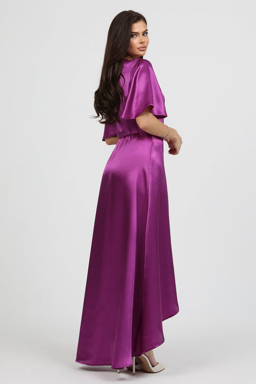 Cyclamen Purple Wrap Satin Dress With Flutter Sleeves Dsir Couture Cyclamen Purple Wrap Satin Dress With Flutter Sleeves Dsir Couture