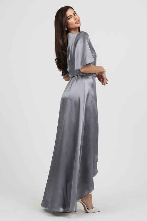 Gray Wrap Satin Dress With Flutter Sleeves Gray Wrap Satin Dress With Flutter Sleeves