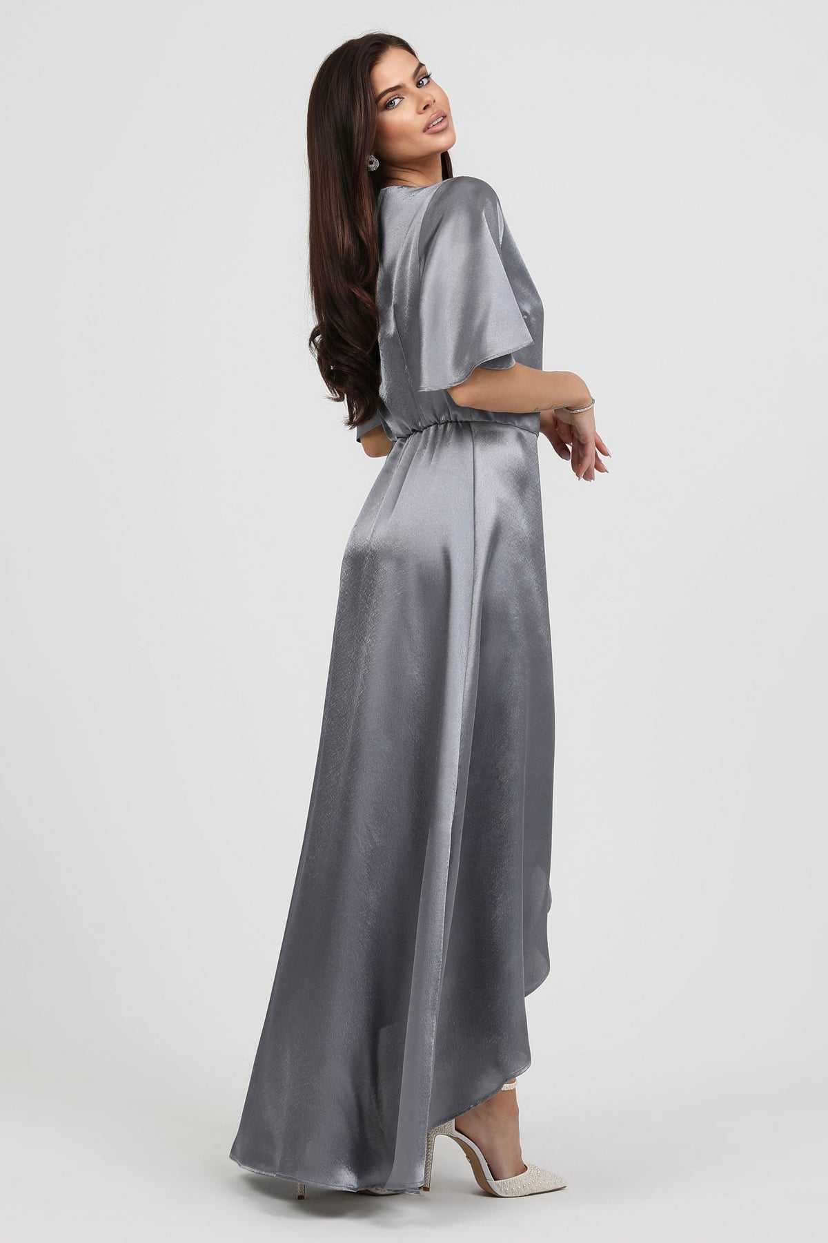 dark grey satin dress Gray Wrap With Flutter Sleeves Size Reference Size:US 9 | EU 39.5 WebColor_BLUE Emalee Purple Satin Bodycon