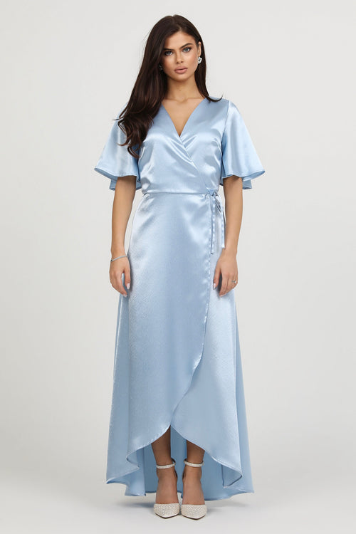 Light Blue Wrap Satin Dress With Flutter Sleeves Dsir Couture Light Blue Wrap Satin Dress With Flutter Sleeves Dsir Couture