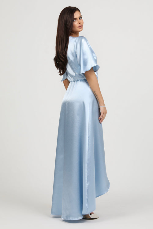 Light Blue Wrap Satin Dress With Flutter Sleeves Dsir Couture Light Blue Wrap Satin Dress With Flutter Sleeves Dsir Couture