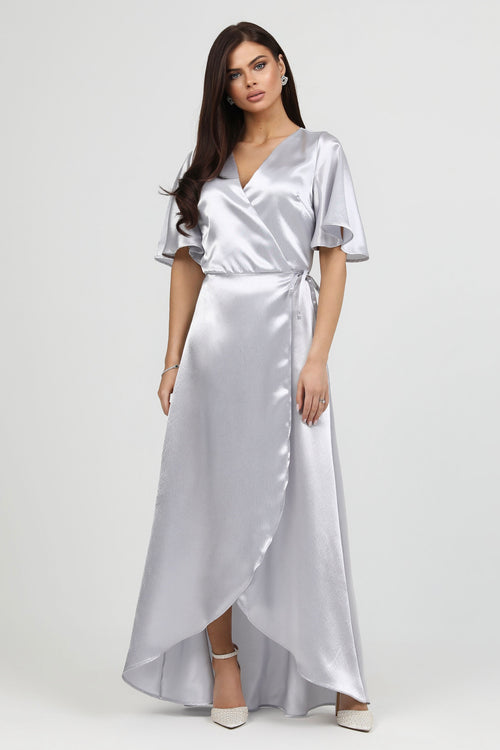 Light Gray Wrap Satin Dress With Flutter Sleeves Dsir Couture Light Gray Wrap Satin Dress With Flutter Sleeves Dsir Couture