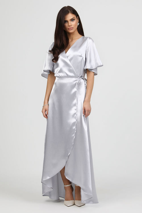 Light Gray Wrap Satin Dress With Flutter Sleeves Dsir Couture Light Gray Wrap Satin Dress With Flutter Sleeves Dsir Couture