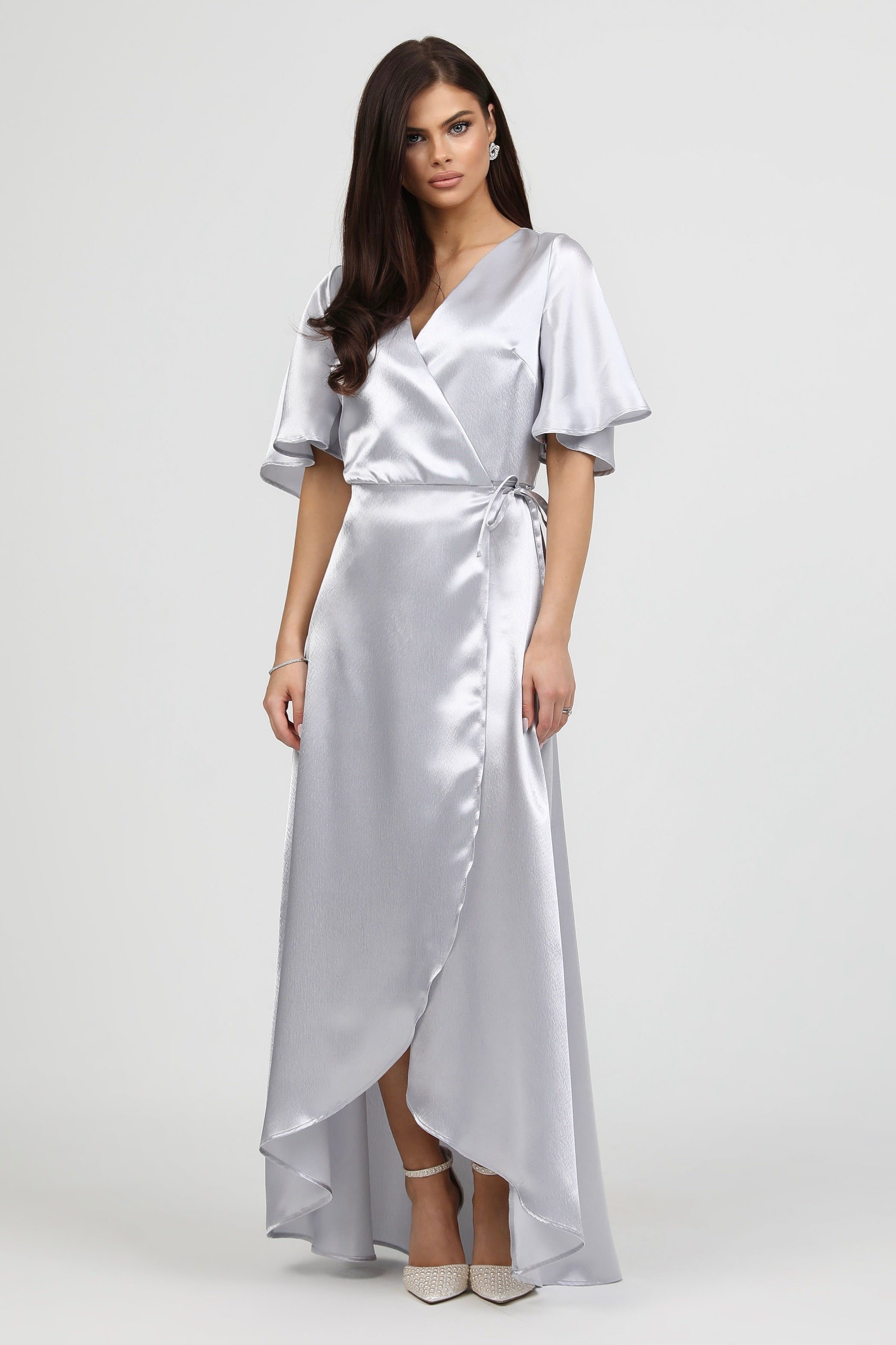 Light Gray Wrap Satin Dress With Flutter Sleeves – Désir Couture
