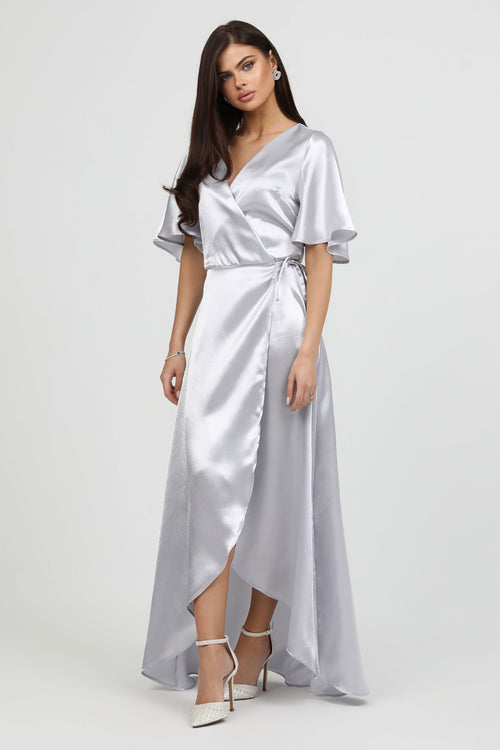 Light Gray Wrap Satin Dress With Flutter Sleeves Dsir Couture Light Gray Wrap Satin Dress With Flutter Sleeves Dsir Couture
