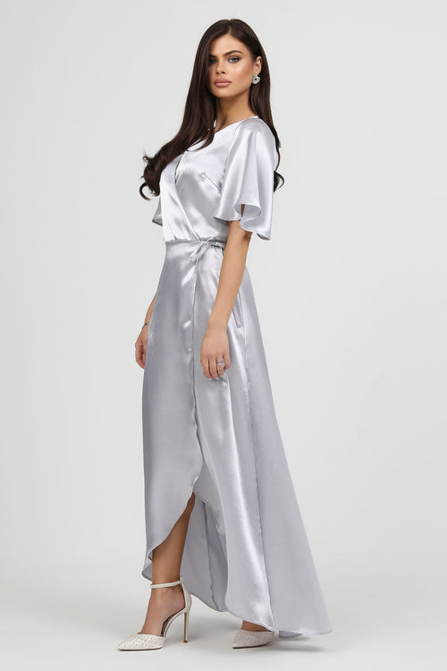 Light Gray Wrap Satin Dress With Flutter Sleeves Dsir Couture Light Gray Wrap Satin Dress With Flutter Sleeves Dsir Couture