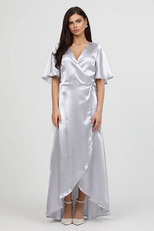 Light Gray Wrap Satin Dress With Flutter Sleeves Dsir Couture Light Gray Wrap Satin Dress With Flutter Sleeves Dsir Couture